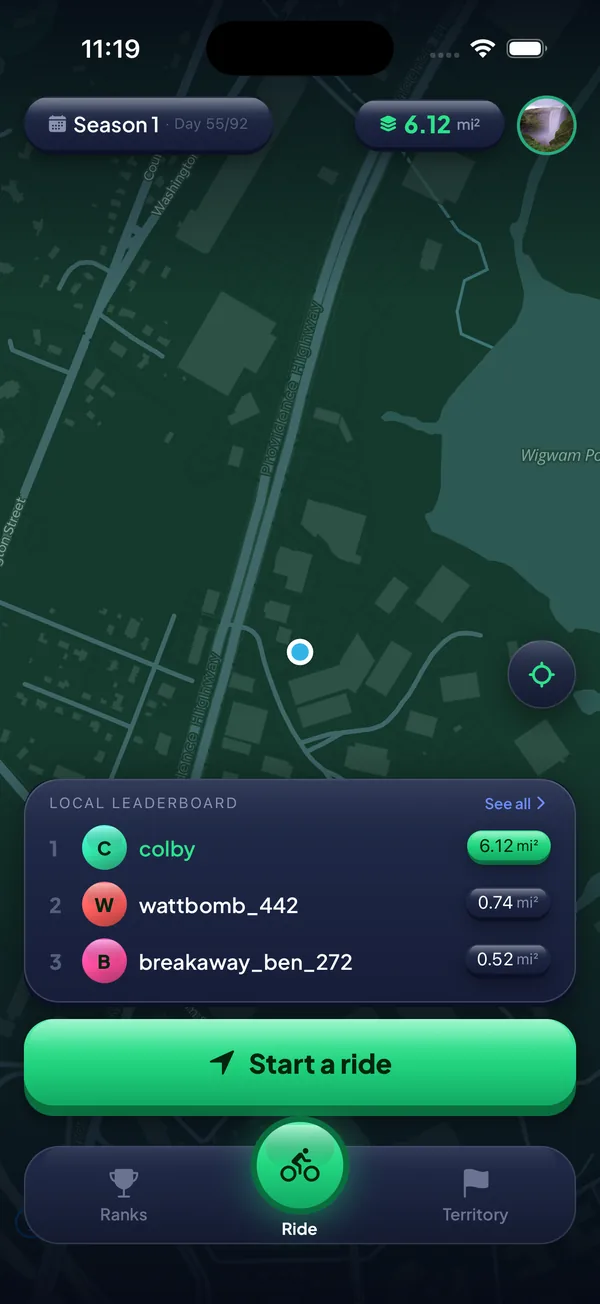 Map screen with local leaderboard and Start a ride button