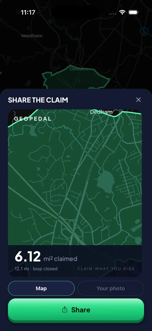 Share card showing 6.12 square miles claimed