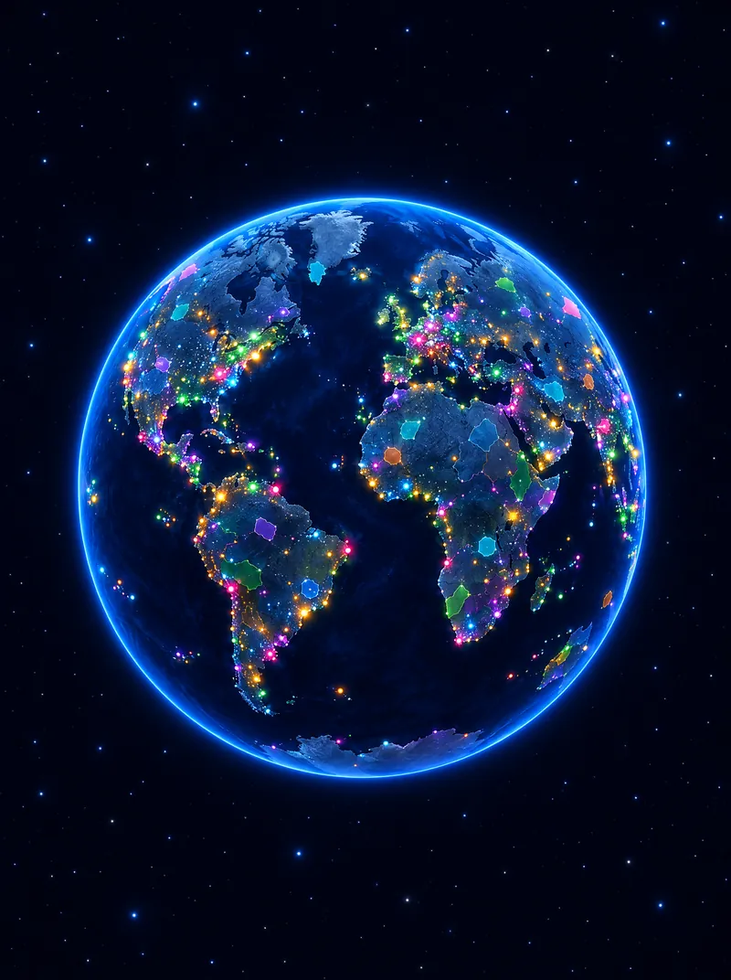 The globe at night with colored territories scattered across cities
